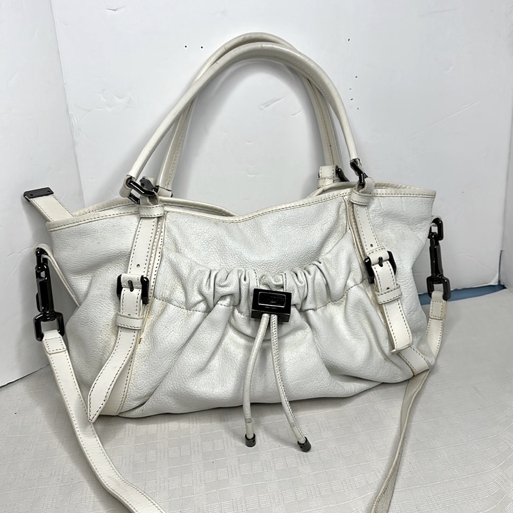 Burberry Womens Satchel Bag White Leather Lined Double Handles Zip Large COA